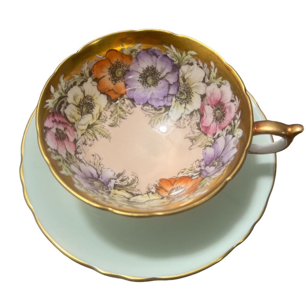 VTG Paragon Anemones Poppies on Gold Pink Background Tea Cup & Saucer Blue Rare! - Picture 1 of 16